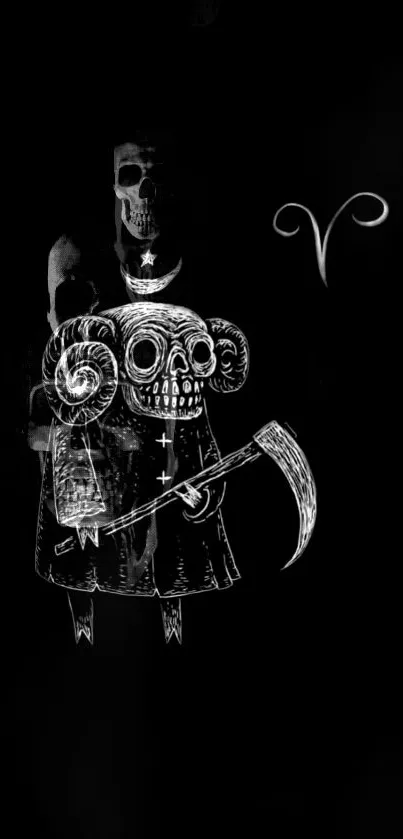 Gothic skull artwork on a dark background with mystical symbols.