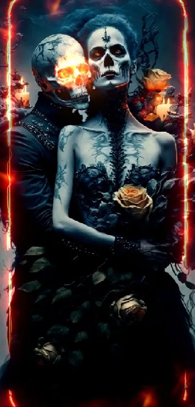 Gothic couple with skull faces amidst candles and roses.