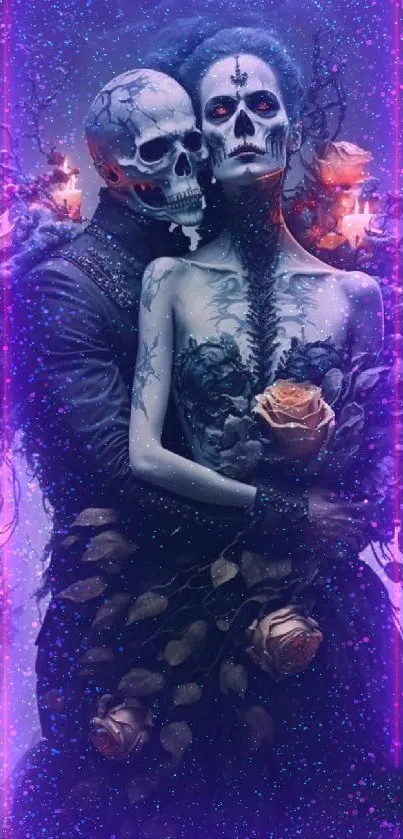 Gothic skull couple with roses in a dark, mystical setting.