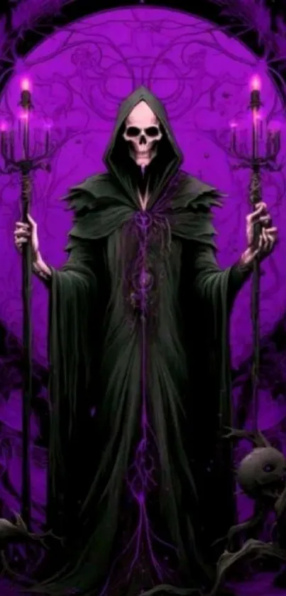 Gothic hooded skeleton in purple art.