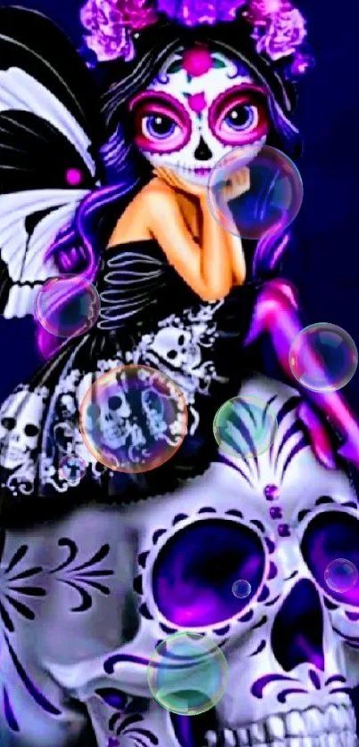 Gothic fairy sitting on a skull with purple accents in a mystical mobile wallpaper.