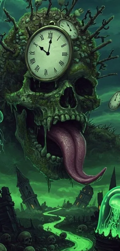 Gothic skull with clocks and dark landscape wallpaper