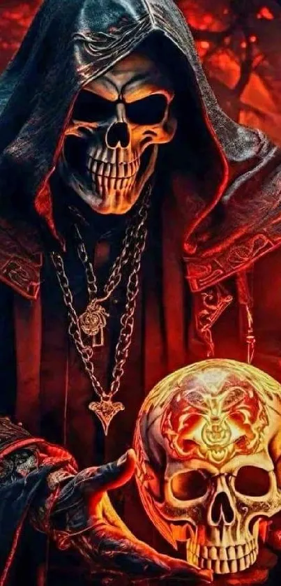 Dark reaper with fiery skull in hand