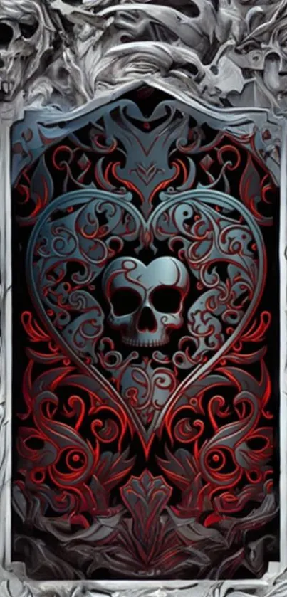 Gothic heart with skull surrounded by intricate silver patterns.