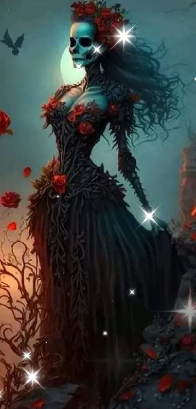 Gothic skeletal lady with roses on a cliff under moonlight.