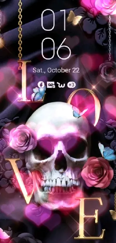 Gothic skull with roses and butterflies on a dark mobile wallpaper.