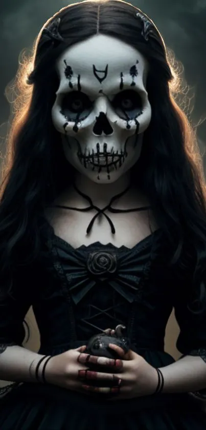 Gothic woman with skull mask in dark setting, holding an object.