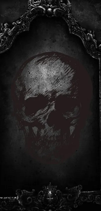 Gothic skull mirror art wallpaper in dark tones.