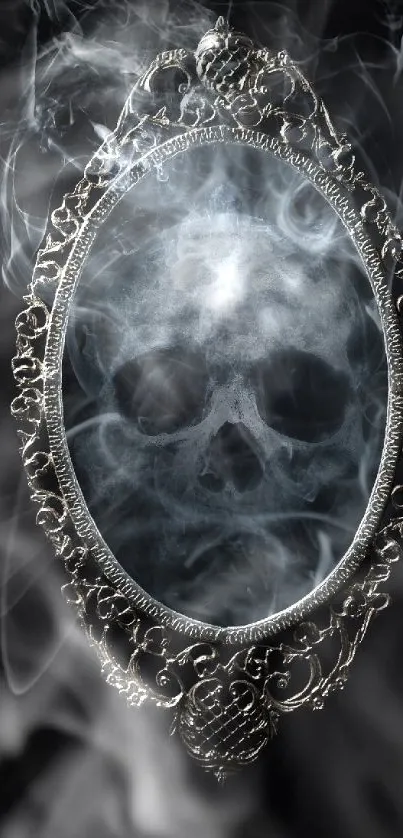 Ornate mirror with smokey skull reflection on dark background.