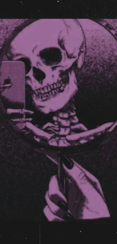 Gothic skull reflected in a mirror wallpaper with purple hue and artistic detail.