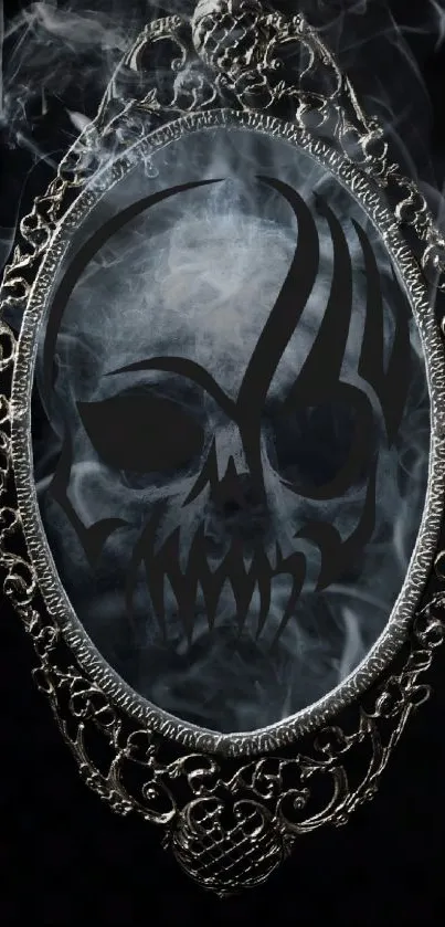 Gothic skull within ornate mirror, surrounded by smoke.