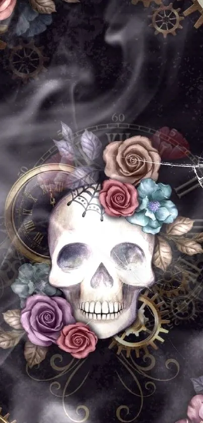 Gothic skull with floral and clock design wallpaper.