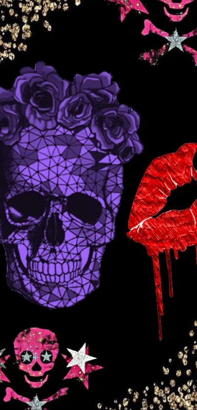 Gothic mobile wallpaper with purple skull and red lips on black background.