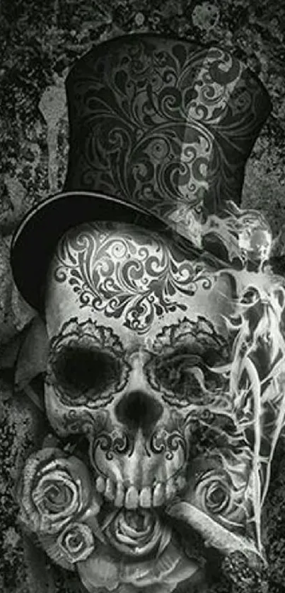 Gothic skull with floral details and top hat design.