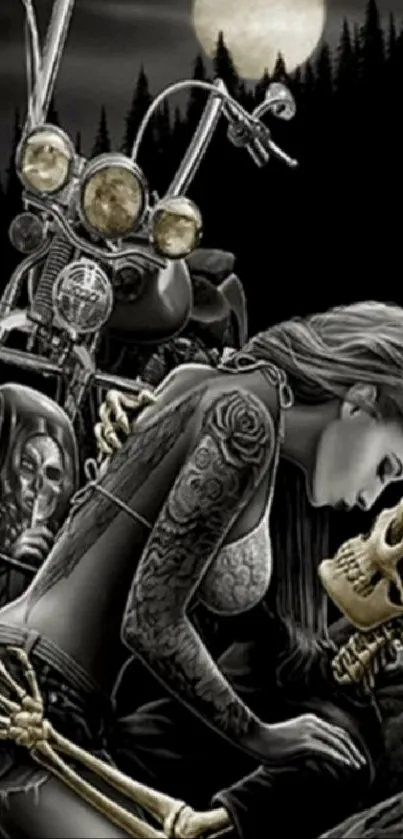 Gothic woman with skull and motorcycle under a full moon.