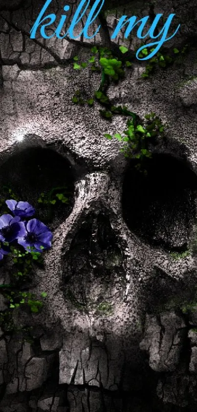 Gothic skull wallpaper with violet flowers and text.