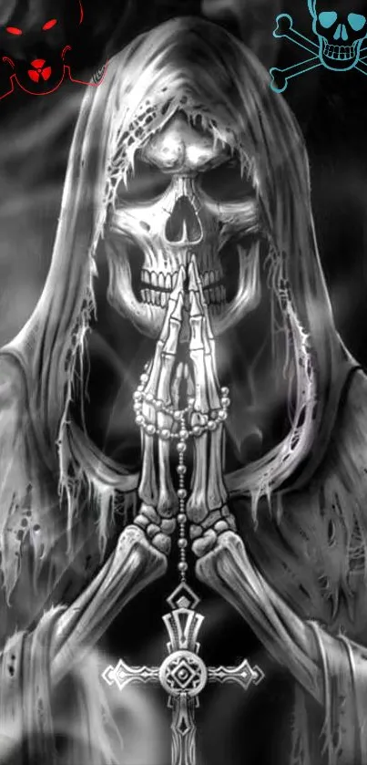 Gothic skull in prayer with ornate cross on black misty background.