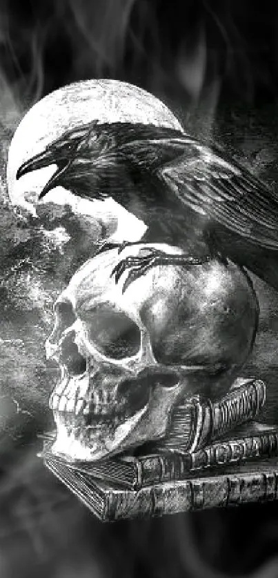 Gothic raven perched on skull with moon backdrop.