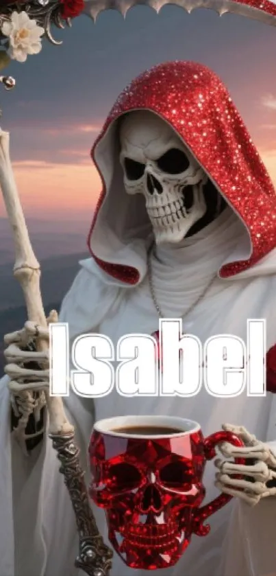 Gothic artwork of a skull reaper in red hood with floral decor.