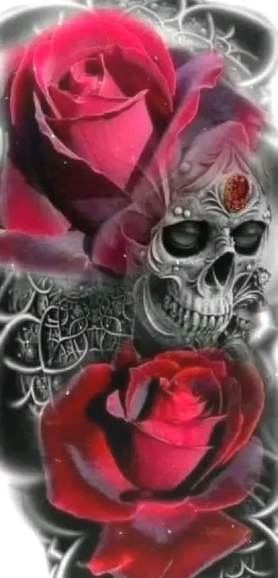 Gothic-themed wallpaper with red roses and intricately detailed skull.