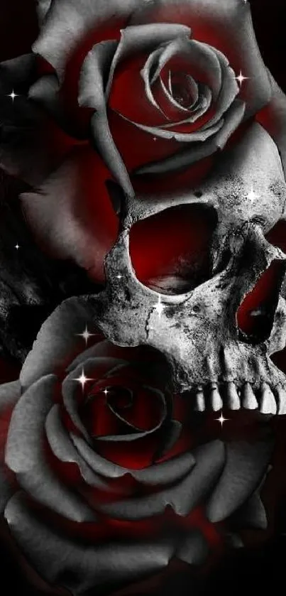 Gothic skull and red roses mobile wallpaper.