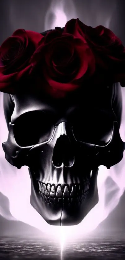 Gothic skull with roses and flames in dark hues.