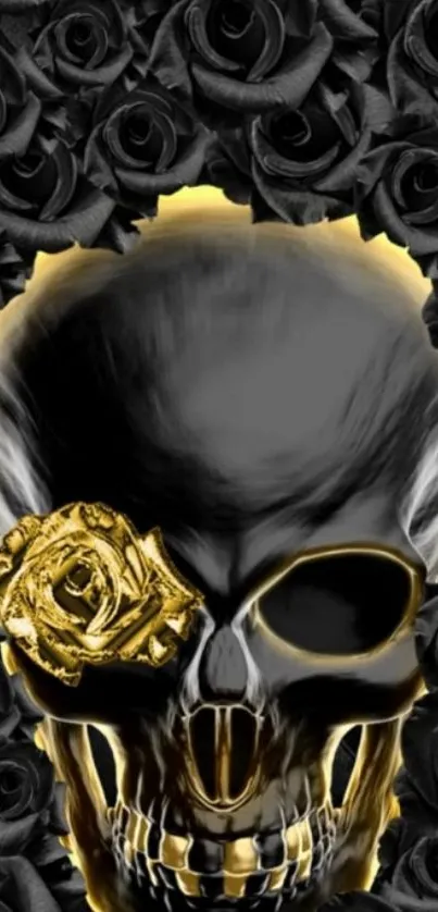 Gothic skull with gold roses wallpaper featuring dark elegance.