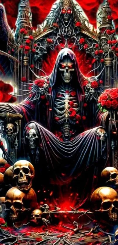 Gothic skeleton throne with skulls and roses.