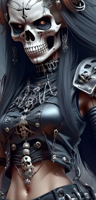 Gothic warrior with skull mask and metal armor design.