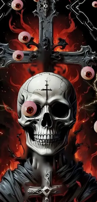 Gothic skull with red flames and crosses.