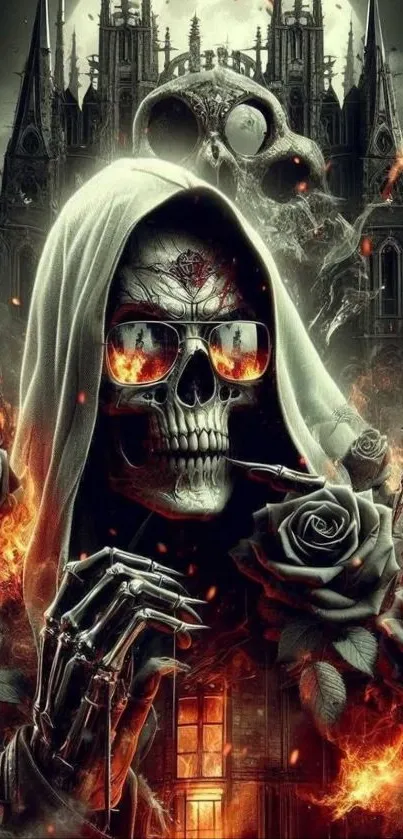 Gothic skull with flaming roses and cathedral background.