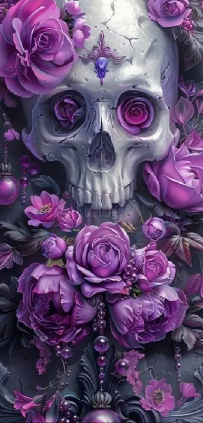 Gothic skull with purple flowers on wallpaper.