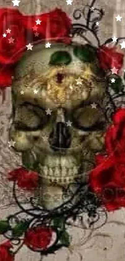 Gothic skull adorned with vibrant red roses on artistic wallpaper.