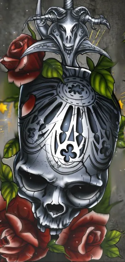 Gothic skull with red roses wallpaper for mobile phone.