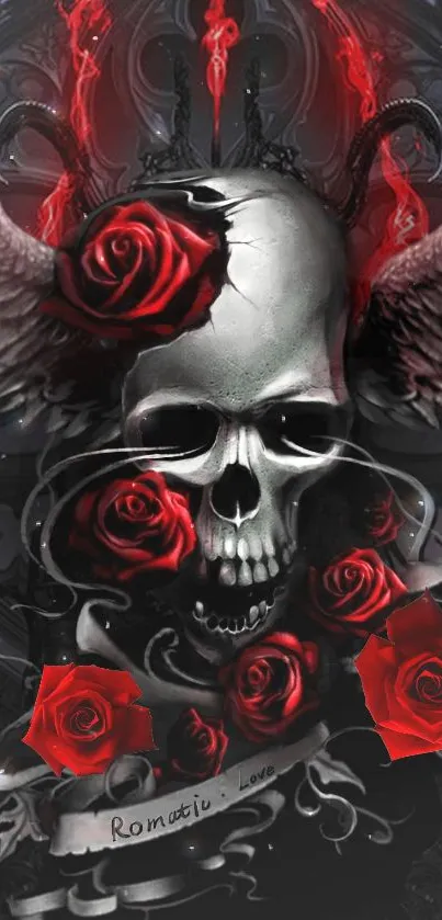 Gothic skull with roses and wings on a black background wallpaper.