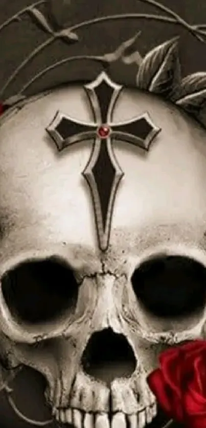 Gothic skull with cross and red roses wallpaper.