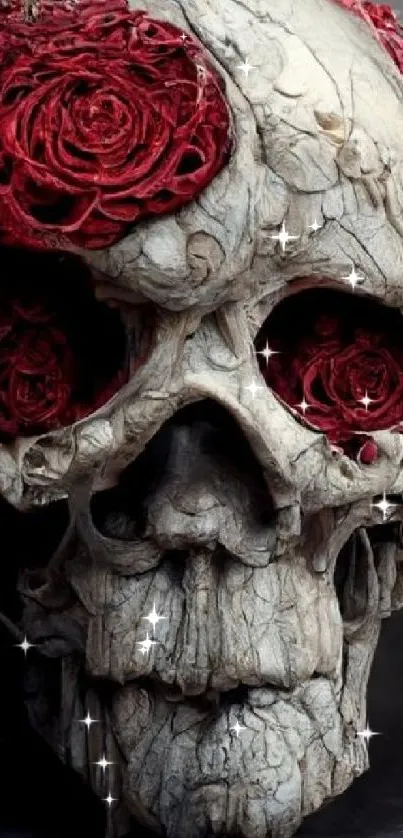 Gothic skull with vivid red roses design.