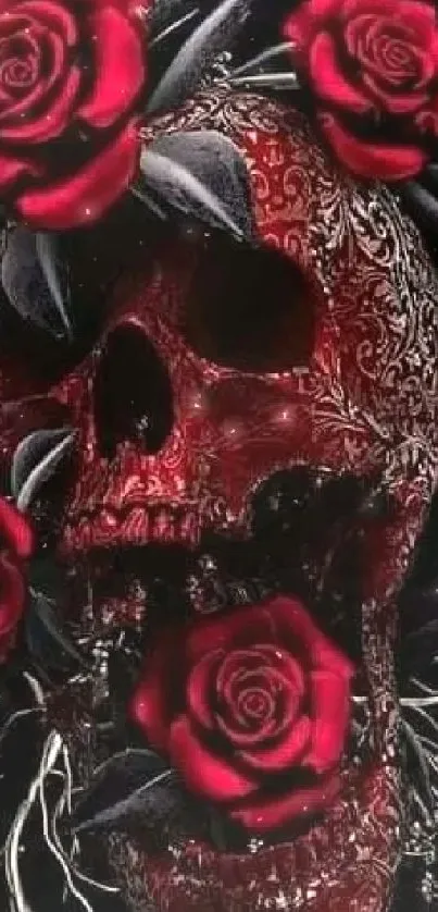 Gothic skull adorned with red roses on dark background.