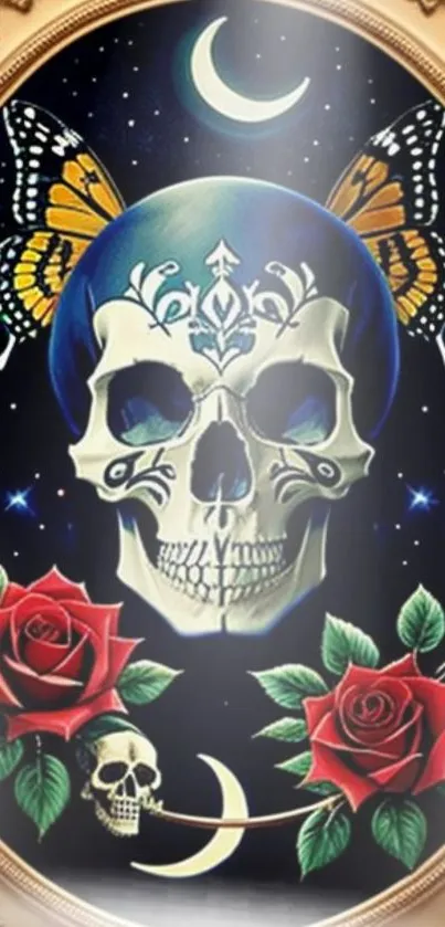 Gothic skull with roses and butterflies in a celestial design.