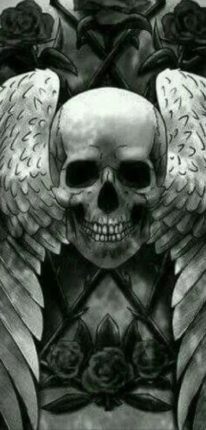 Gothic skull with wings and roses on mobile wallpaper.