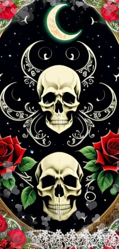 Gothic skulls and vibrant red roses wallpaper with moon.