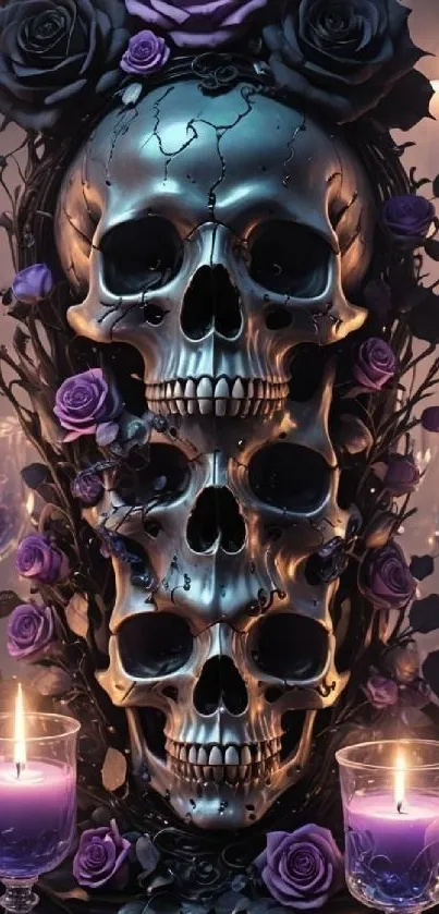 Skull and roses with candles creating gothic art.