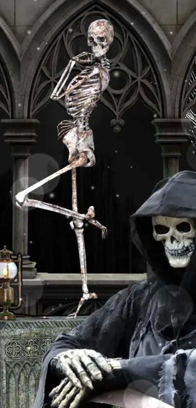 Gothic wallpaper featuring skeletons and a hooded figure in a medieval setting.