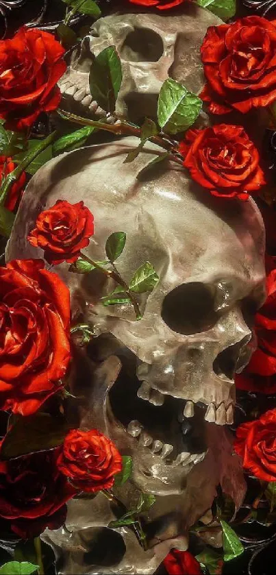 Gothic skulls entwined with vibrant red roses.