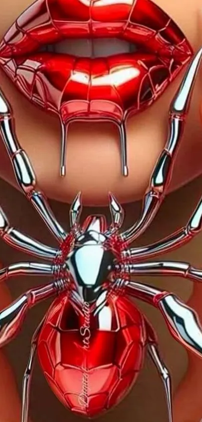 Metallic spider with red lips art wallpaper