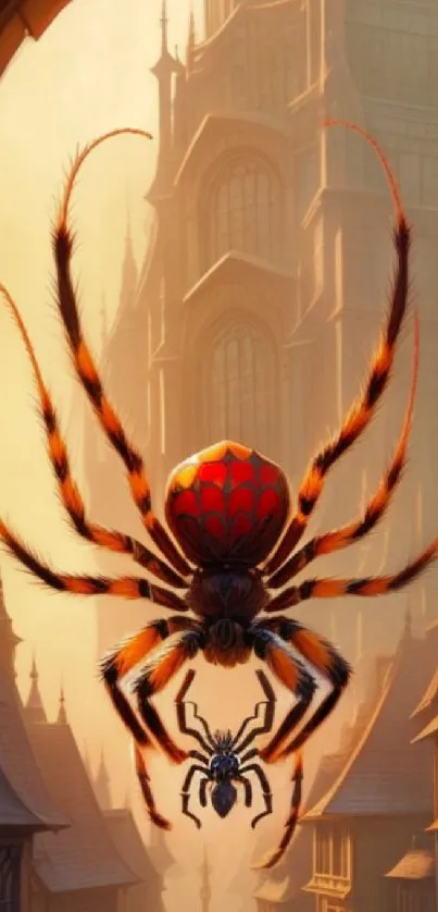 Gothic themed wallpaper with a red spider in front of a fantasy cityscape.