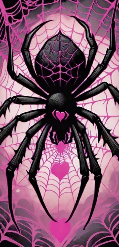 Gothic spider on vibrant pink web, mobile wallpaper design.