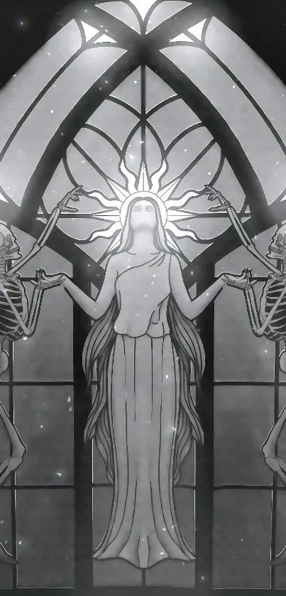 Gothic stained glass art with skeletons and glowing figure.