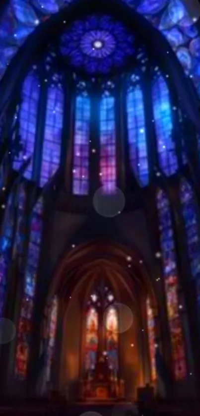 Gothic stained glass church with vibrant blue lighting.