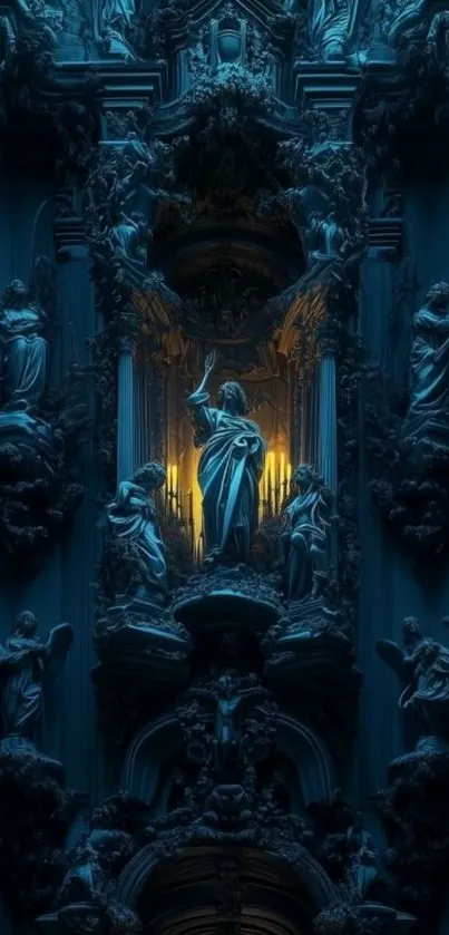 Gothic sculpture with ambient light on a dark blue background.